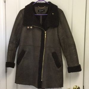Ellen Tracy Shearling and Faux Leather Brown Coat